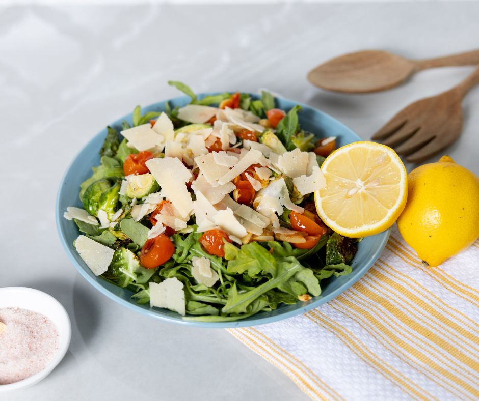 Lemon Arugula Salad with Roasted Brussel Sprouts & Tomato Bruschetta